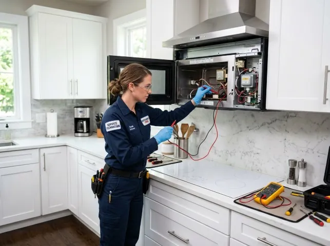 Appliance Repair Hero technician testing an over-the-range microwave in a Barneveld, WI kitchen